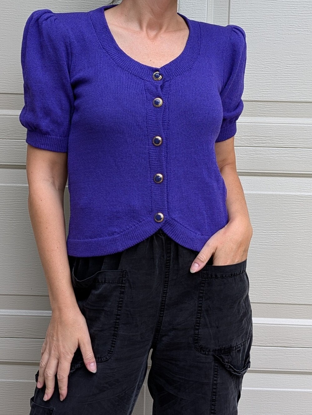 vintage ST JOHN MARIE GRAY 1980's puff shoulder sweater cardigan S